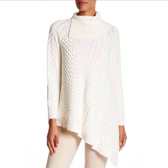 VINCE CAMUTO Cream Chunky Knit Turtleneck Sweater Asymmetric Hem Size L - Picture 1 of 10